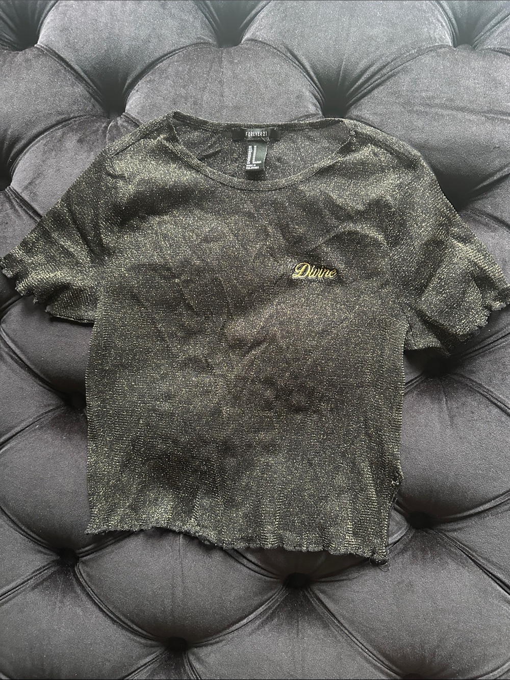 Forever 21 Black Shimmery Crop Top with Gold "Divine" Script